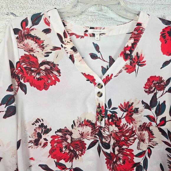 Maurices M White Red Floral Roll Tab Blouse - Picture 3 of 7